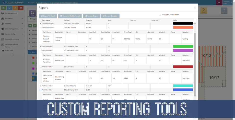 Square Takeoff custom reporting screenshot