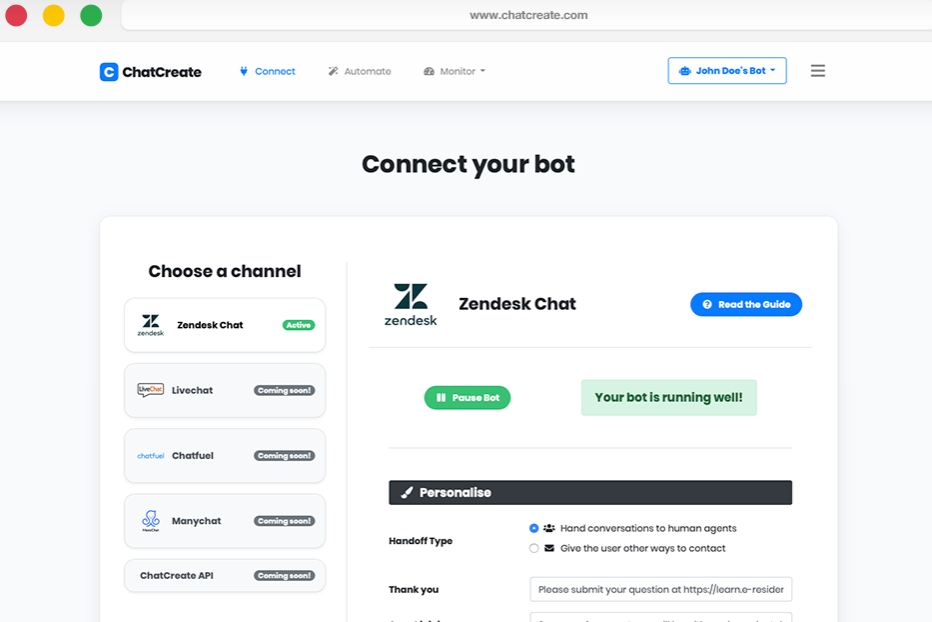 ChatCreate connect chatbots