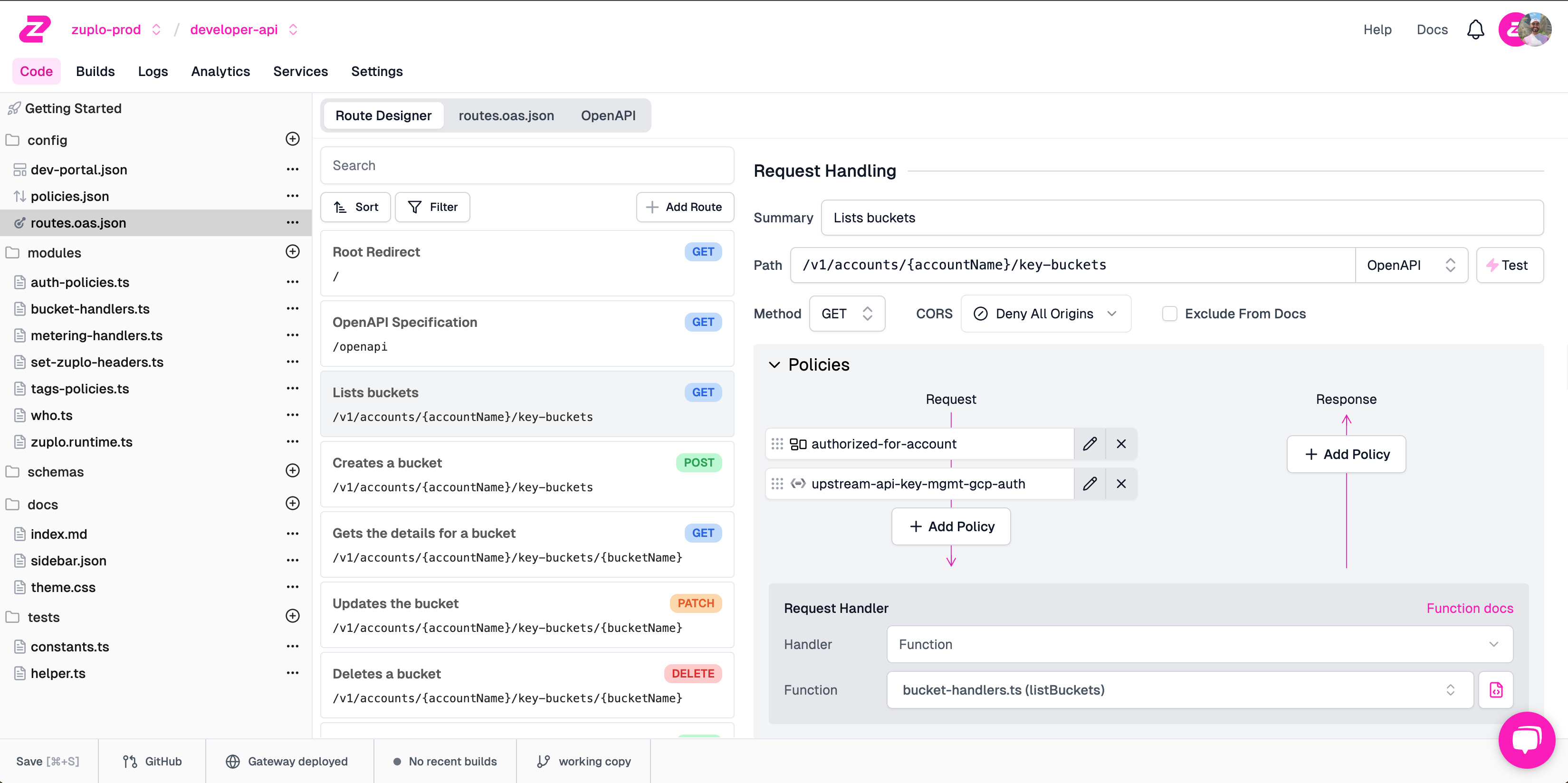 Zuplo screenshot: Zuplo-  create and manage API routes in the OpenAPI-based editor.