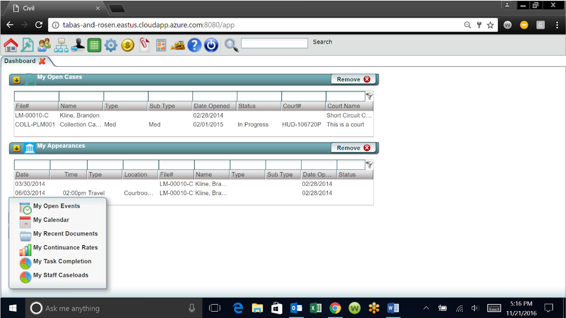 LegalEdge screenshot: LegalEdge Dashboards