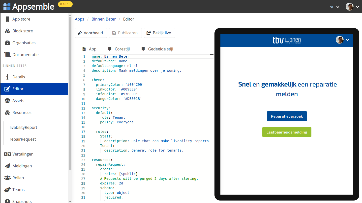 Appsemble screenshot: Appsemble Studio with live preview