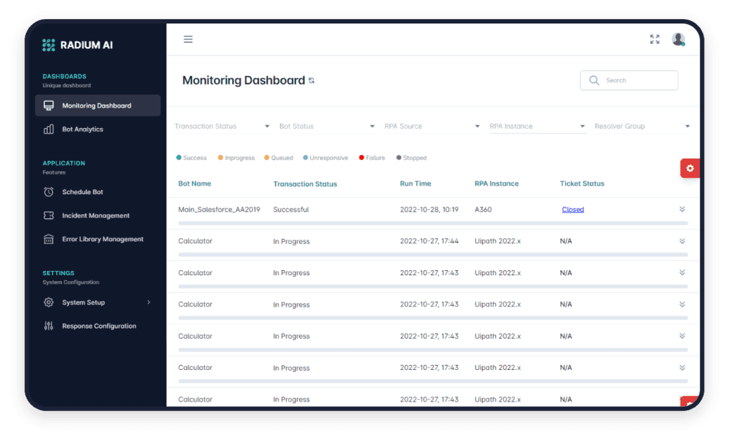 Radium AI screenshot: Radium AI’s Monitoring Dashboard provides a holistic view of all automations across platforms—displaying real-time status, error trends, resolver groups, and actionable insights to help teams proactively manage and optimize RPA operations.