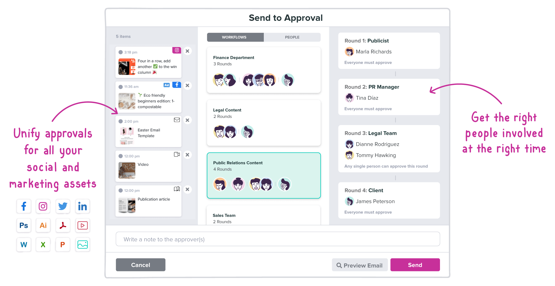 With flexible approval workflows you can add as many rounds and as many people as you want. Content moves automatically to the next person for review, revisions or approval.