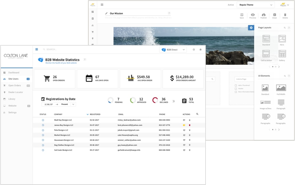 B2B Direct Software - View all website statistics at a glance, including registrations by date, and client contact information