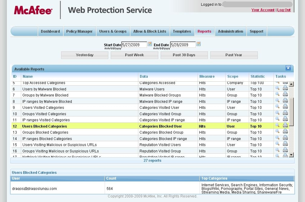 McAfee Cloud Security Software - McAfee Web Security Service  - Reports