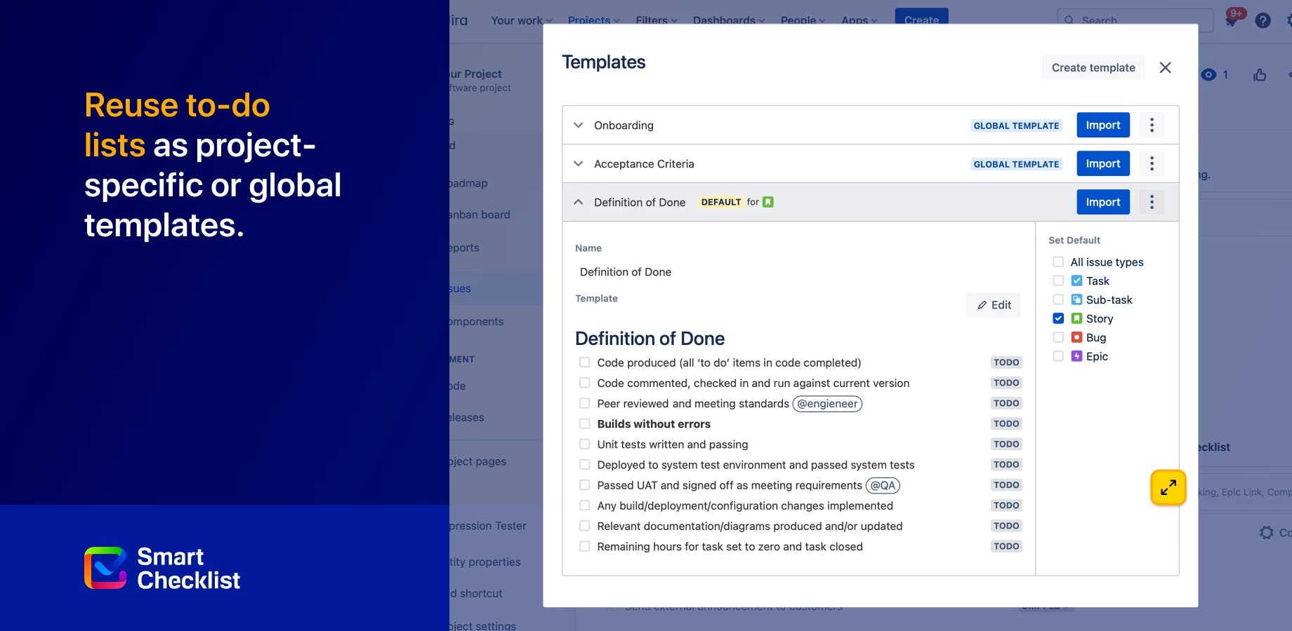 Smart Checklist Software - Reuse to-do lists as project-specific or global templates