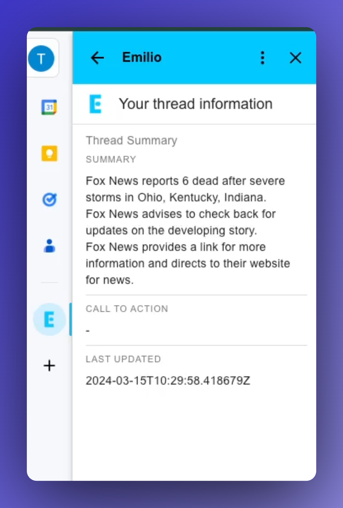 Emilio screenshot: Emilio summarizes each email for you