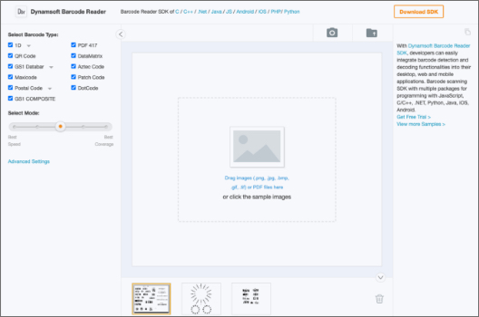 Dynamsoft Barcode Reader screenshot: DBR ONLINE DEMO