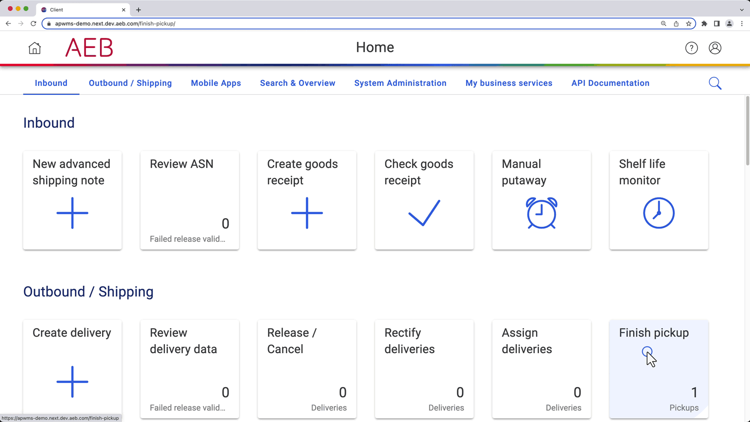 AEB Warehouse Management screenshot: AEB Warehouse Management dashboard