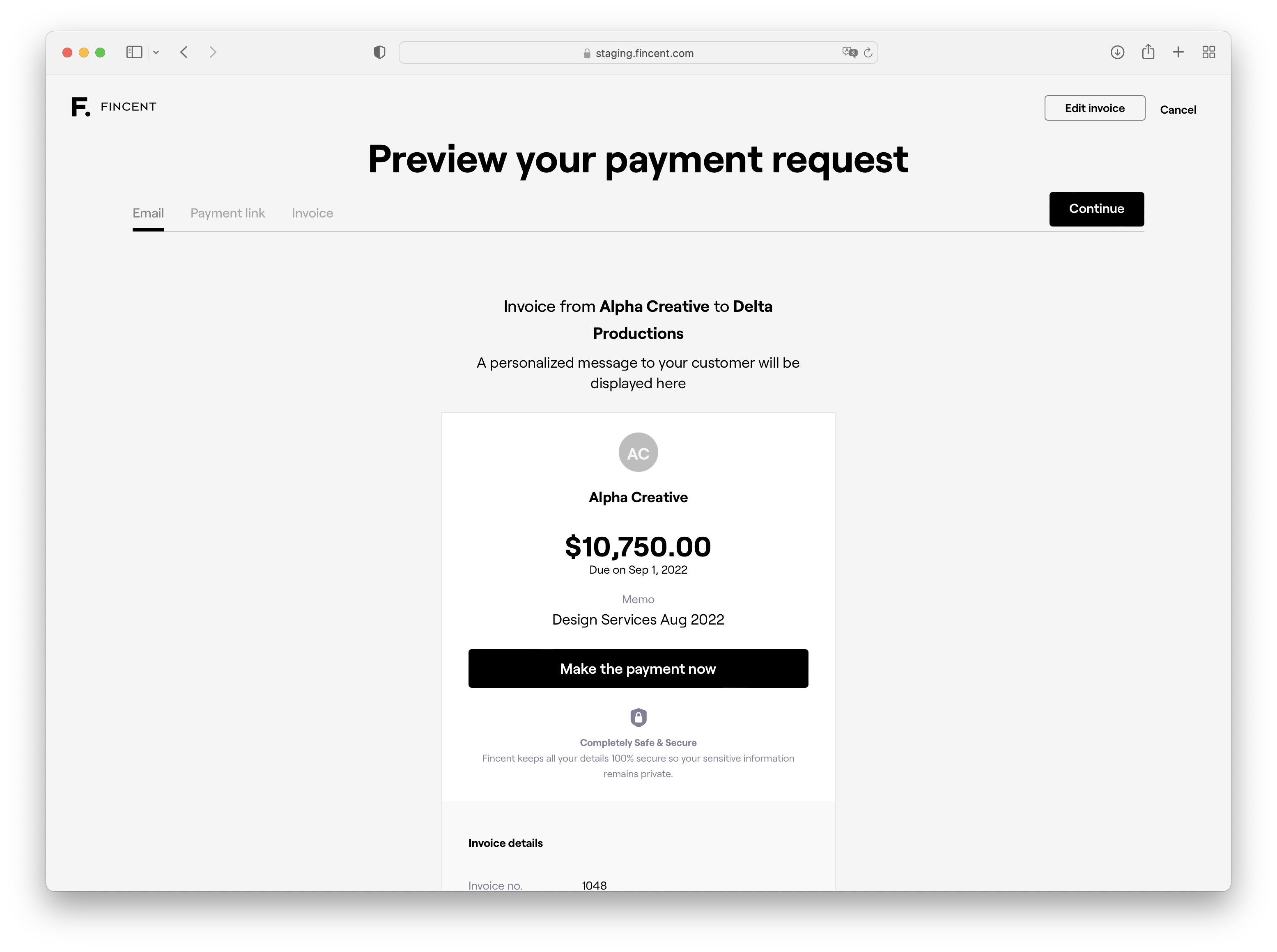 Fincent payment request