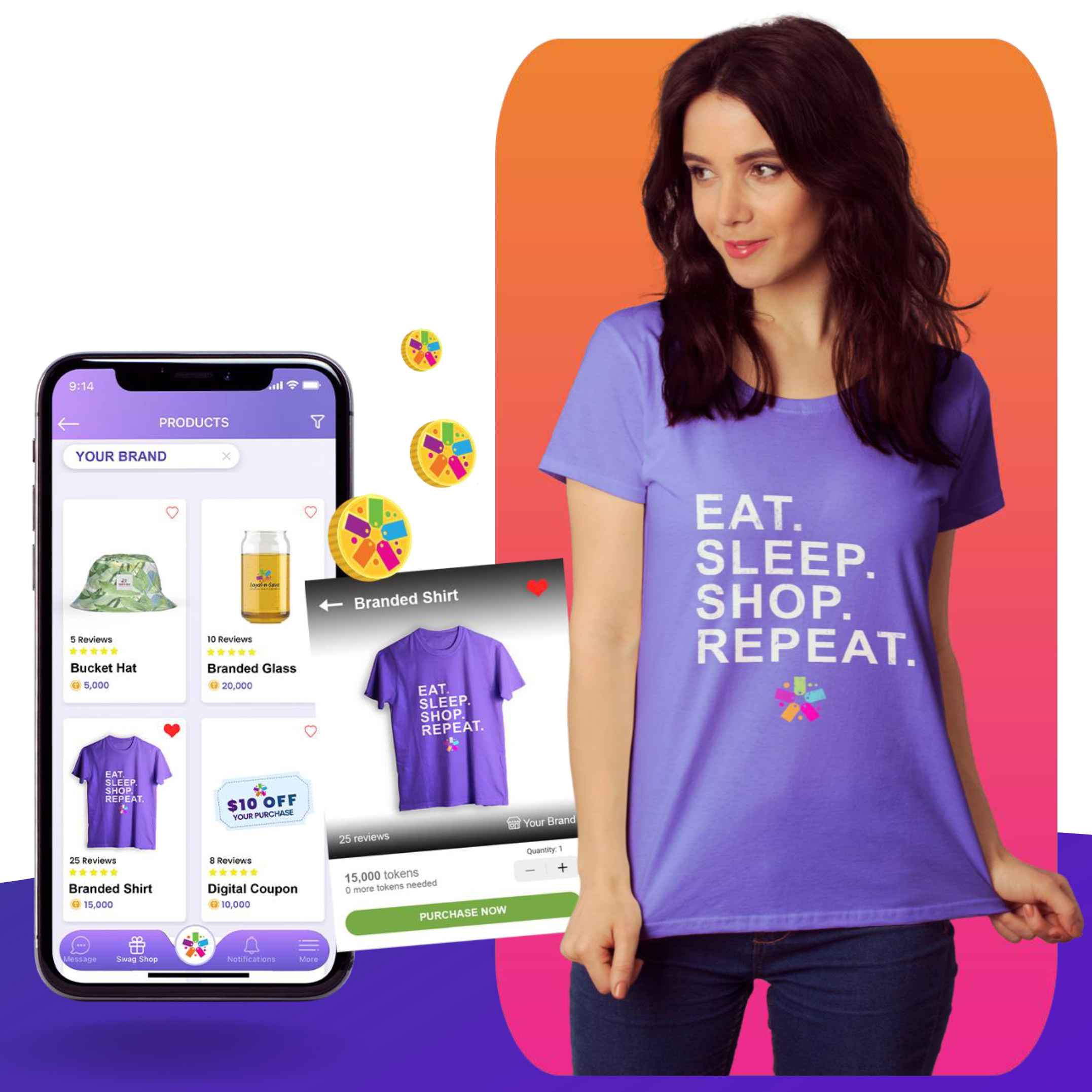 Loyal customers can trade reward tokens for exclusive items, such as branded swag and popular products. Include special discount offers for top customers, and build brand ambassadors.