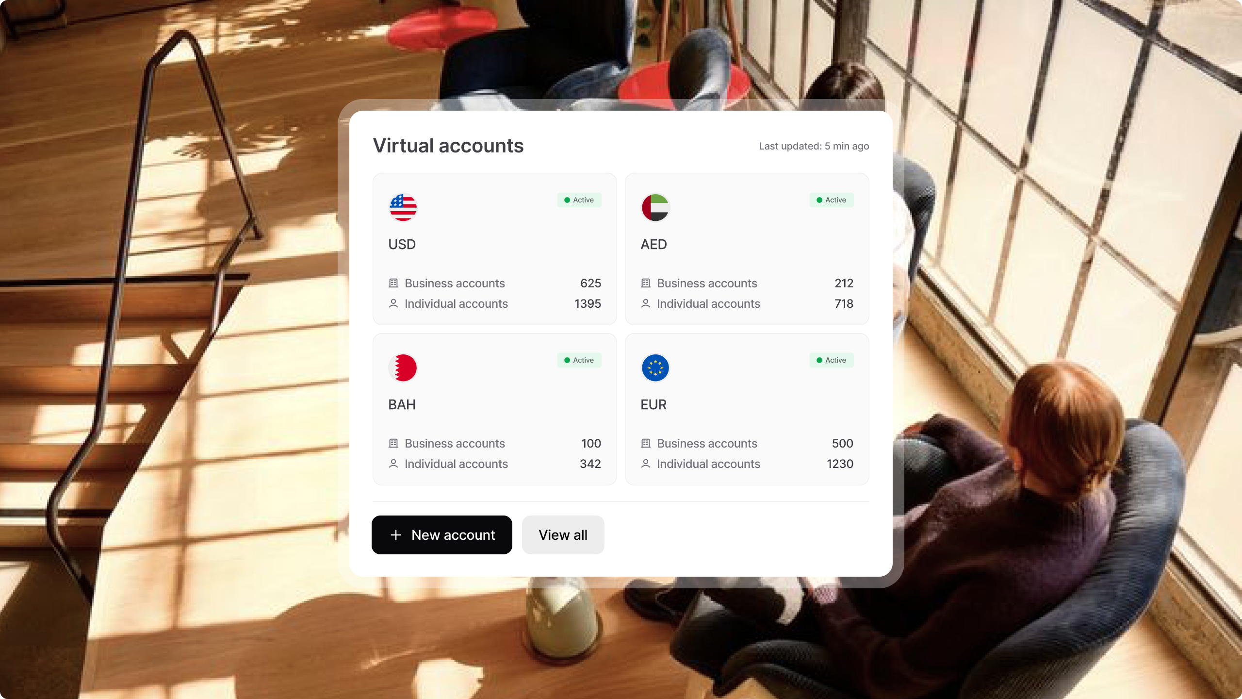 Lorum screenshot: Lorum virtual accounts per currency with real-time balances and status