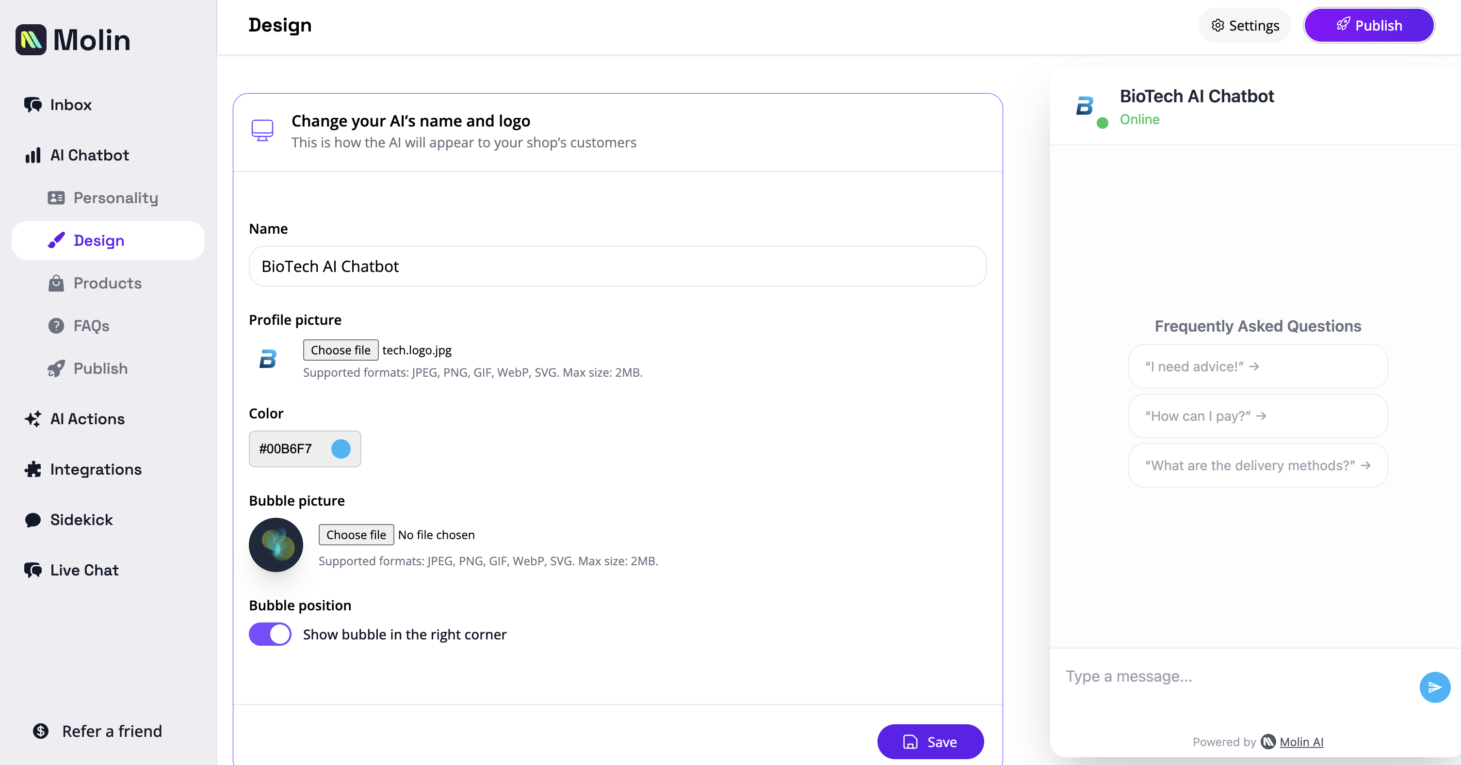 Molin Software - Design: Fully personalise your AI chatbot to match your site's branding.