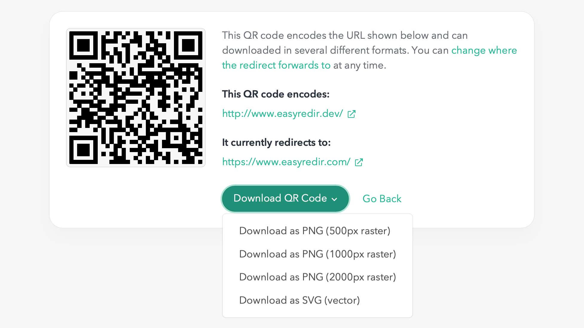 Easily generate and download QR codes for any of your URL redirects.