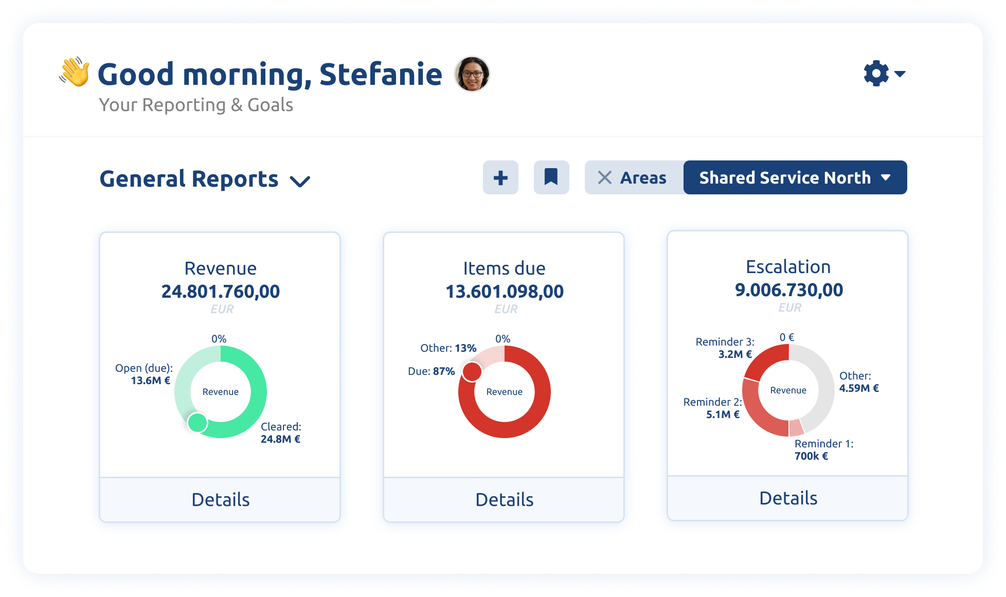 With the Reporting & Goals add-on, you receive individual evaluations of your debit-side processes. Create any dashboards and individual reports and share them with your colleagues.