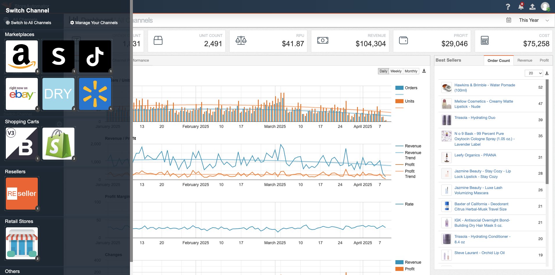 StoreAutomator screenshot: StoreAutomator's intuitive dashboard provides a centralized view for managing sales performance across multiple online marketplaces and channels. Track key metrics like orders, revenue, profit, and average order value at a glance.