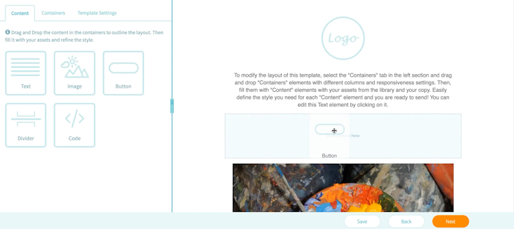 Pepo Campaigns screenshot: The drag-and-drop template builder enables users to modify templates from the built-in template library, or create their own