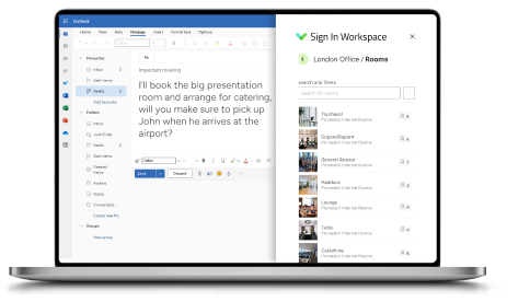 Manage your meeting rooms and equipment in one, simplified flow. All directly in our Outlook add-in