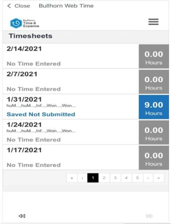 Bullhorn Time & Expense screenshot: Bullhorn Time & Expense timesheets