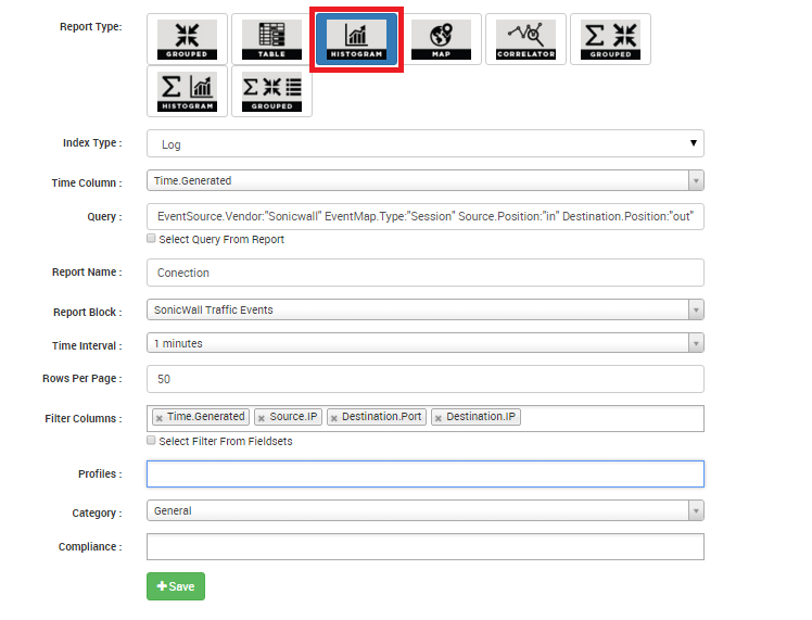 Logsign Software - Select types of report to generate, including grouped, table, histogram, correlation, and more