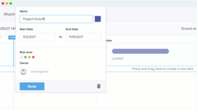 Wizeline screenshot: Set up product roadmaps quickly, adding name, dates and color-coded risk level information
