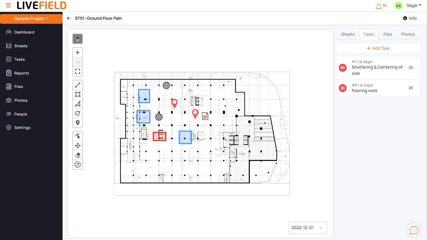 LiveField screenshot: Manage drawing revision, annotate on sheet, locate task on drawing, releate sheet and file etc.