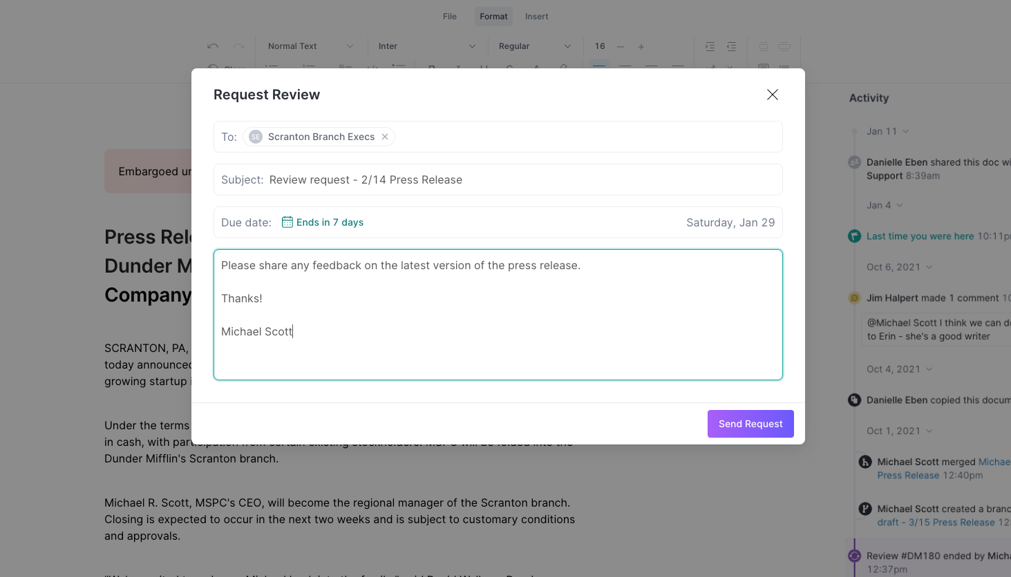 Request reviews or approvals right from within your document editor