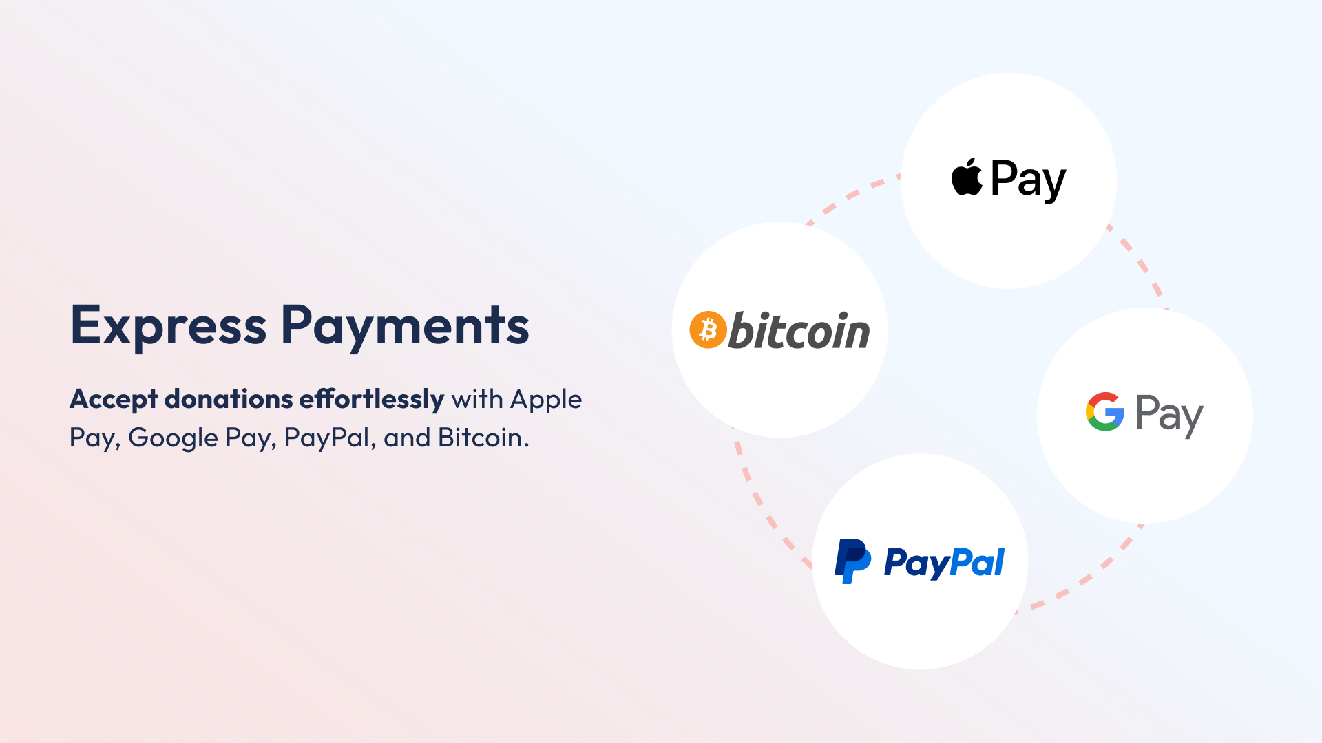 Accept donations effortlessly with Apple Pay, Google Pay, PayPal, and Bitcoin.
