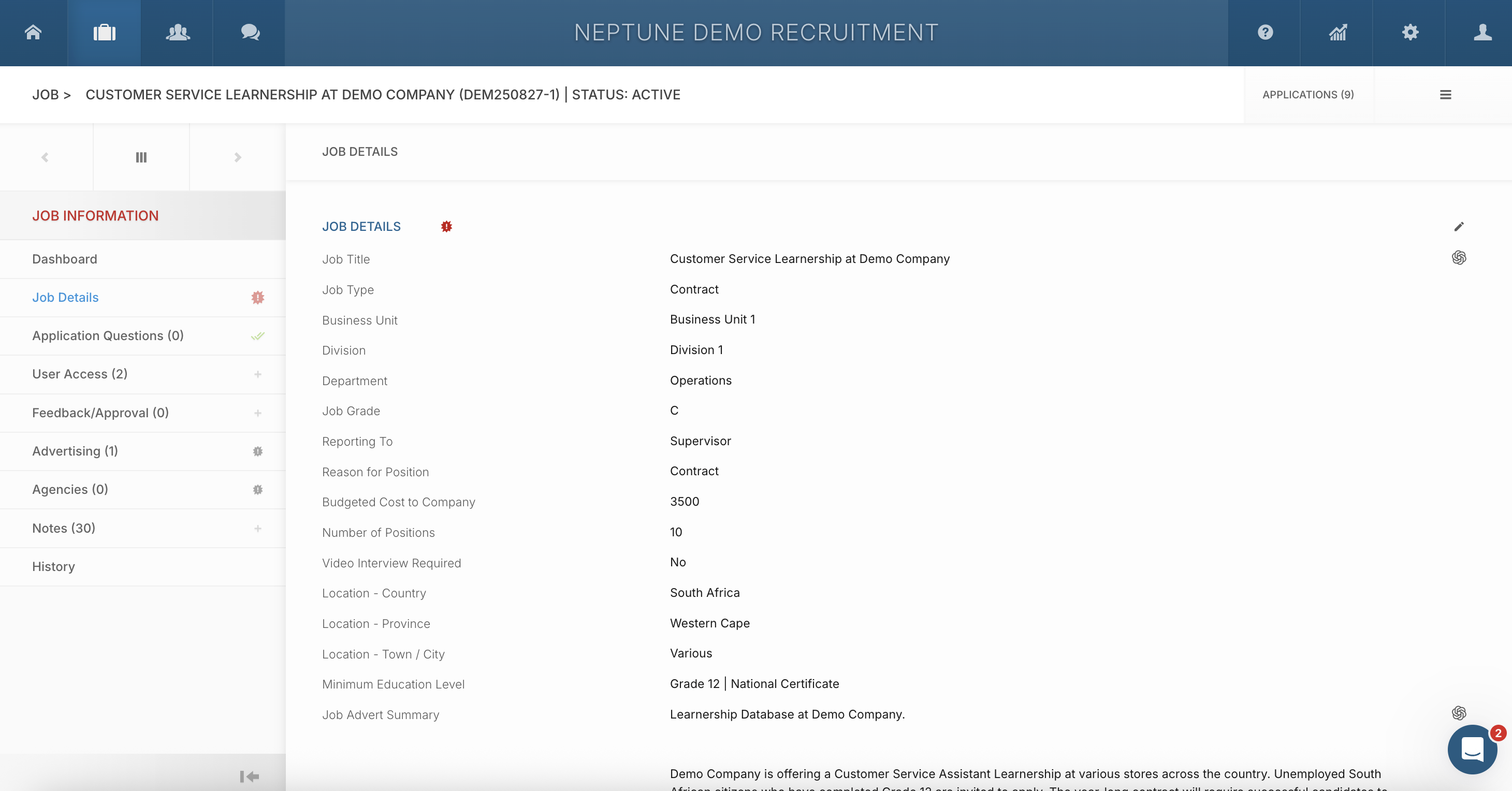 Neptune screenshot: Neptune job information