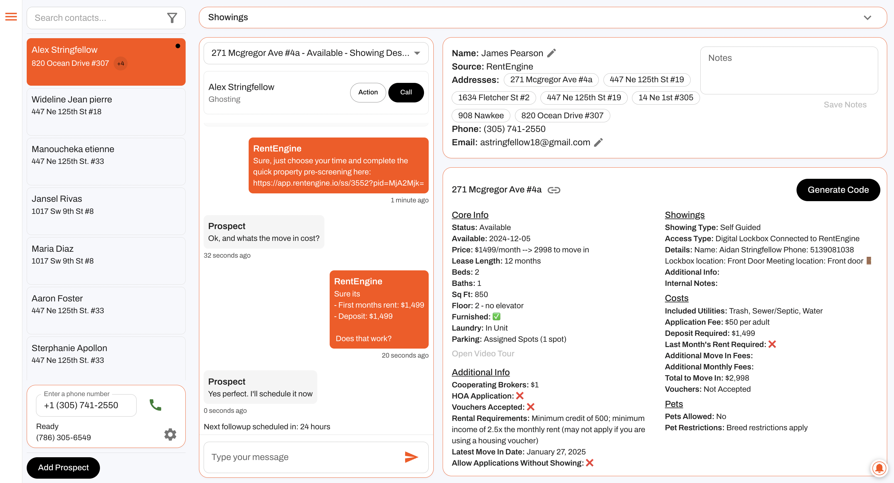 RentEngine screenshot: Full leasing CRM, with integrated calling/texting, quick response snippets, reminder and full prospect history. Save your leasing team from switching across 3-4 different tools