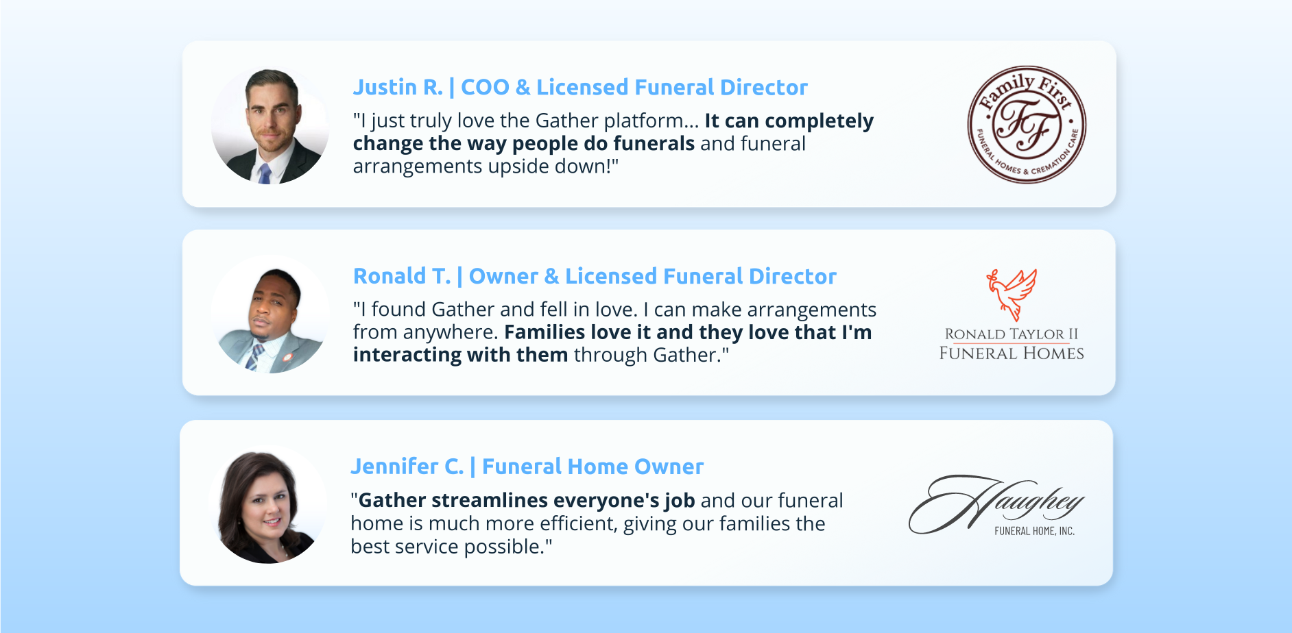 You should love your funeral home software. If you don't love using Gather, you can cancel in the next 60 days for any reasons and we will refund your entire onboarding fee.
