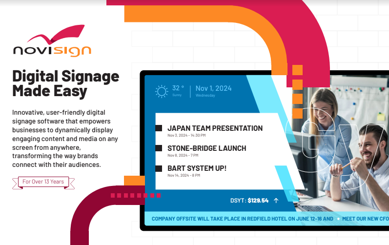 NoviSign Digital Signage is a leading provider of cloud-based digital signage software that lets businesses effectively communicate and engage with their audiences through dynamic digital displays. NoviSign runs on Android, Chrome, Windows, Tizen, WebOS.
