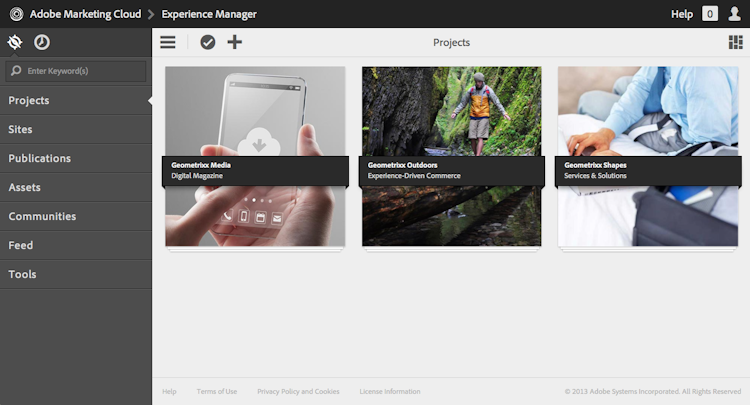 Adobe Experience Manager screenshot: Managing projects in Adobe Experience Manager