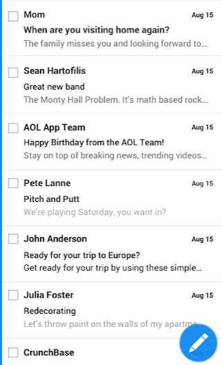 AOL Mail mobile inbox