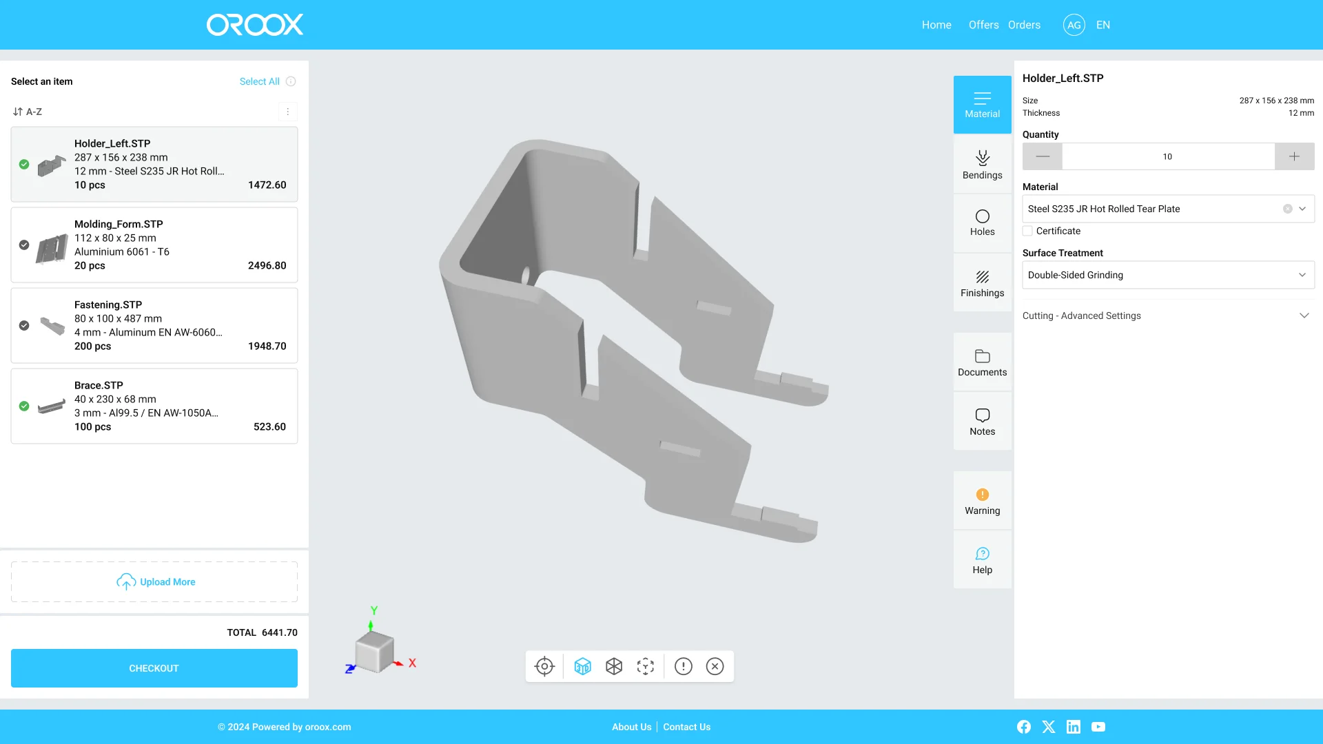 Oroox Quote screenshot: Shows a quoting flow where users upload custom 3D part files for Sheet Metal, CNC Machining, and Tube Laser Cutting. After specifying configurations like material, quantity, and finishing options, the system calculates an instant, accurate quote.