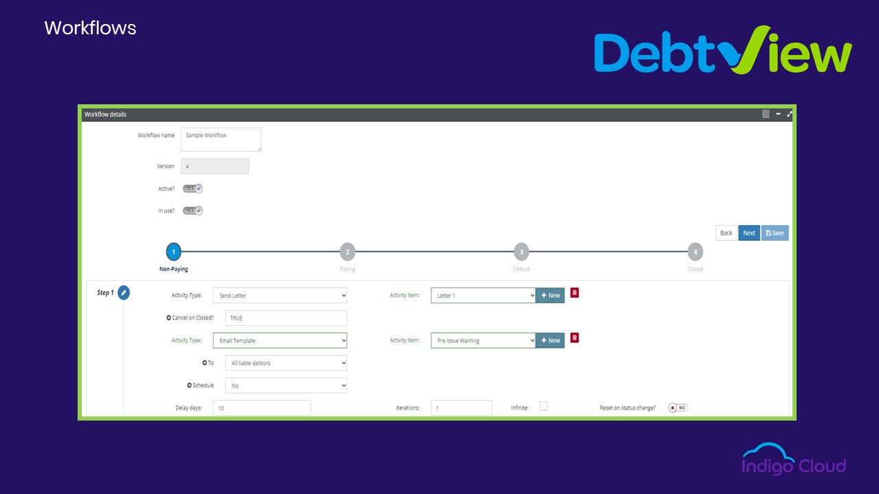 Workflows are the processing engine of our debt recovery software. Our workflow builder is simple, intuitive and flexible. Allowing you to define what, when and how things should happen across all your different case types.