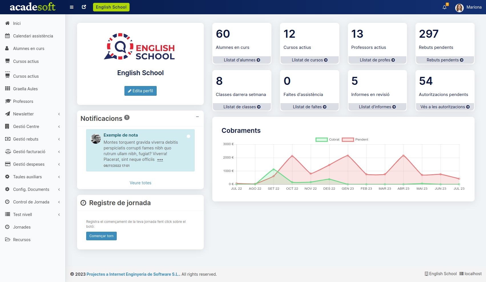 Acadesoft screenshot: Acadesoft dashboard
