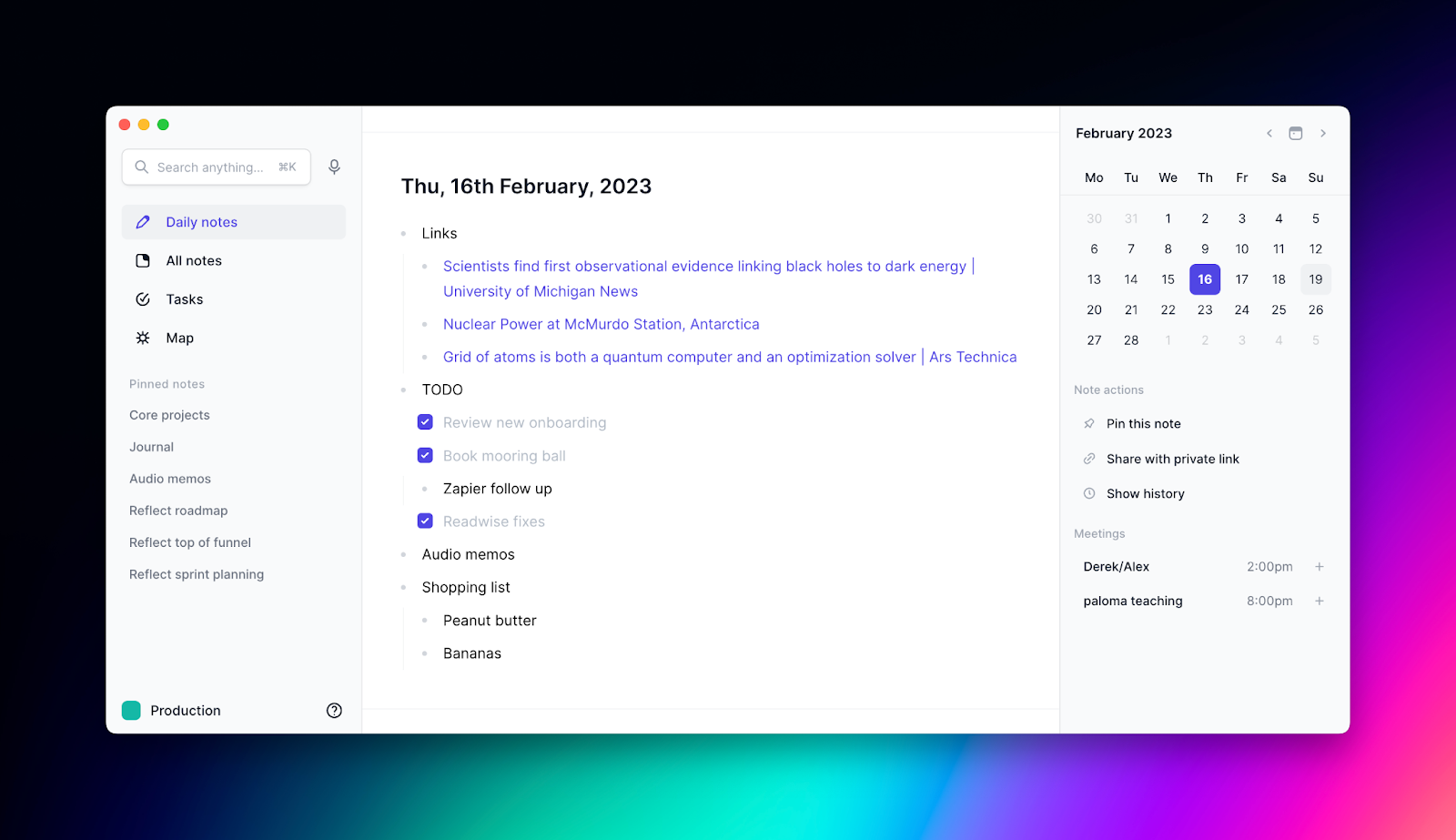 Reflect screenshot: Reflect main notes page