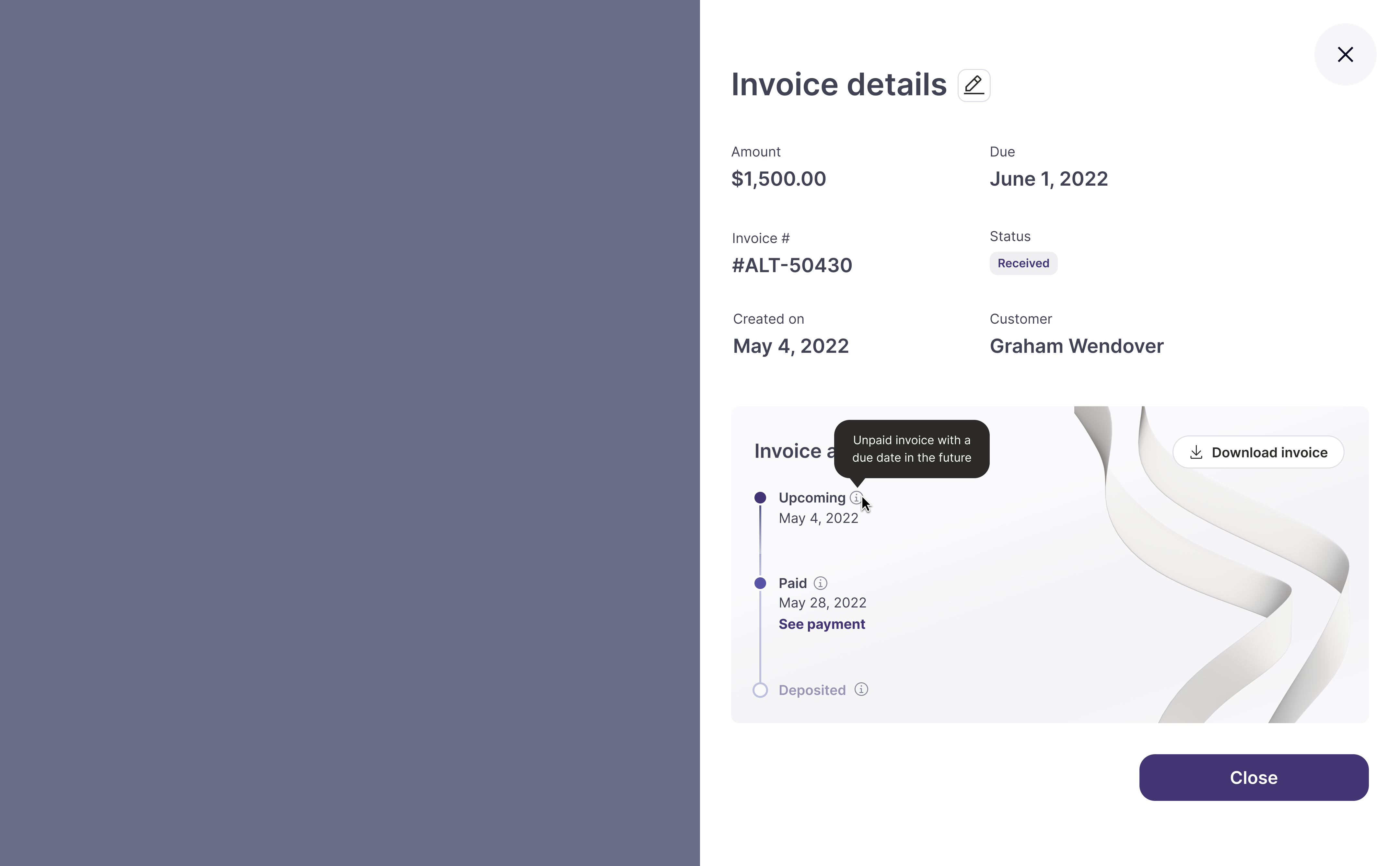Double-click into Invoice to view details on status, payment issues, and more - and download for easy reconciliation.