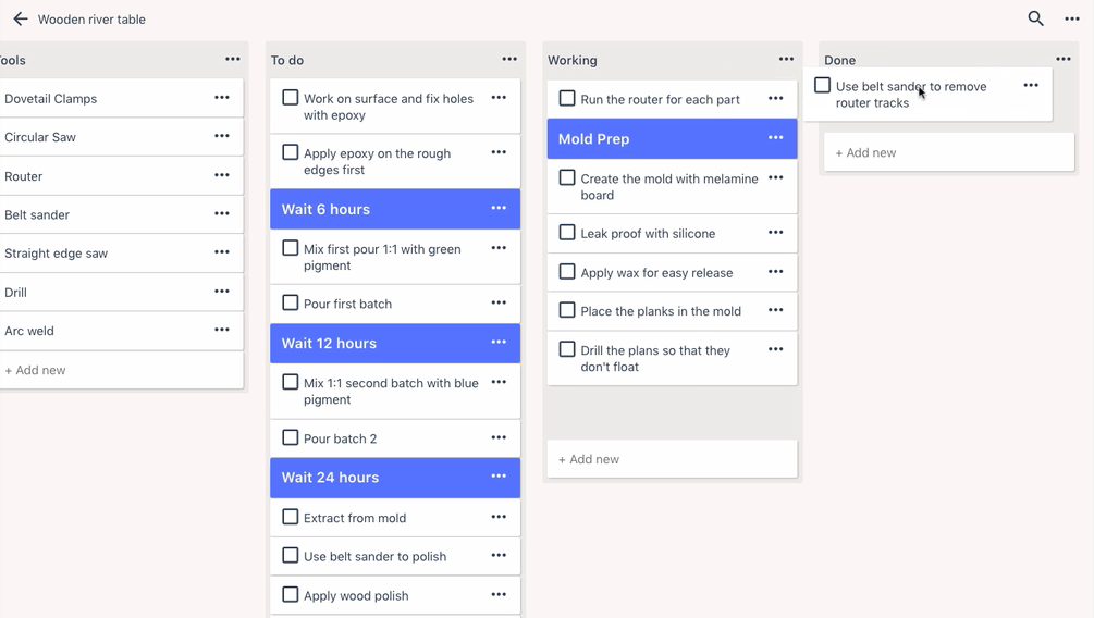 Tidily screenshot: Tasks can be dragged-and-dropped between statuses on the Kanban project board