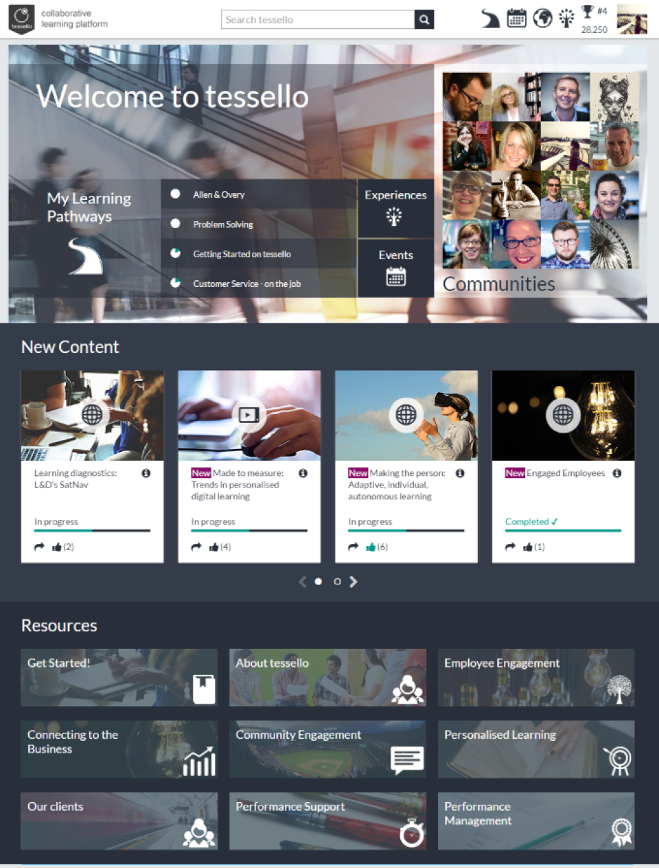 Tessello screenshot: Access resources and new content quickly from the central dashboard