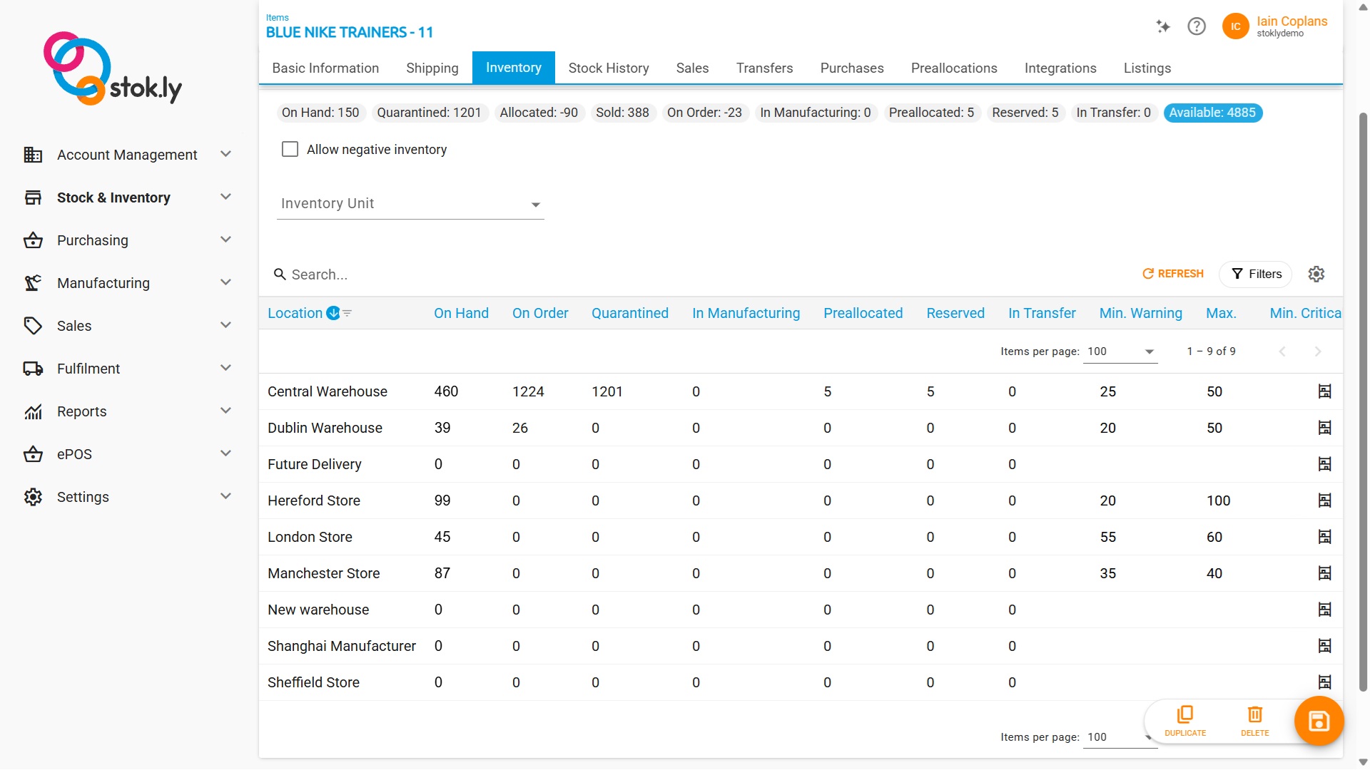 Stok.ly screenshot: Multi-location inventory management in Stok.ly gives one real-time stock truth across stores, warehouses and manufacturing sites. Automate transfers, replenishment and allocations with full audit trails, improving accuracy, availability and operations