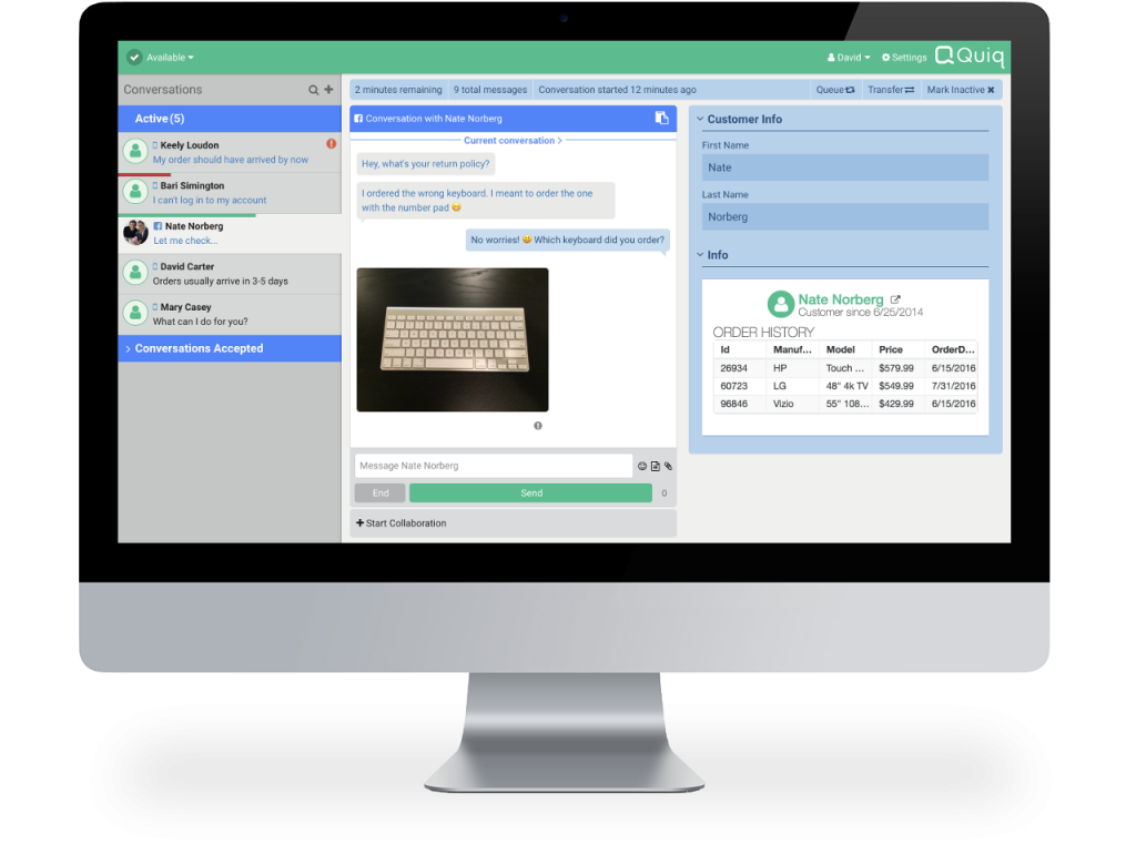 Quiq Messaging Software - Quiq agent desktop integrates with internal systems, like popular CRMs, to provide customer history and opportunity for up-sell