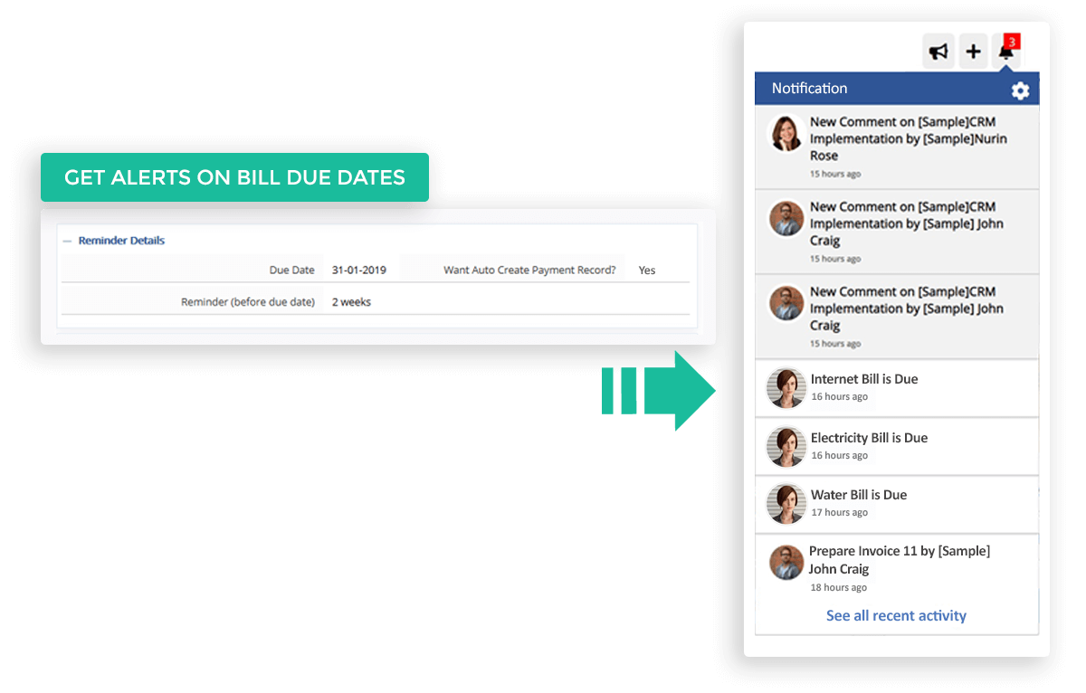 The assigned user shall receive an automated reminder on when they supposed to pay that bill, along with optionally adding a task in his calendar.
