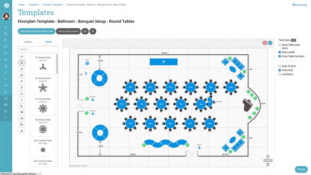 Create event floorplans and room layouts and save them as a template for recurring use. Plus use timesaving tools like auto-format to instantly create grids of tables or chairs.