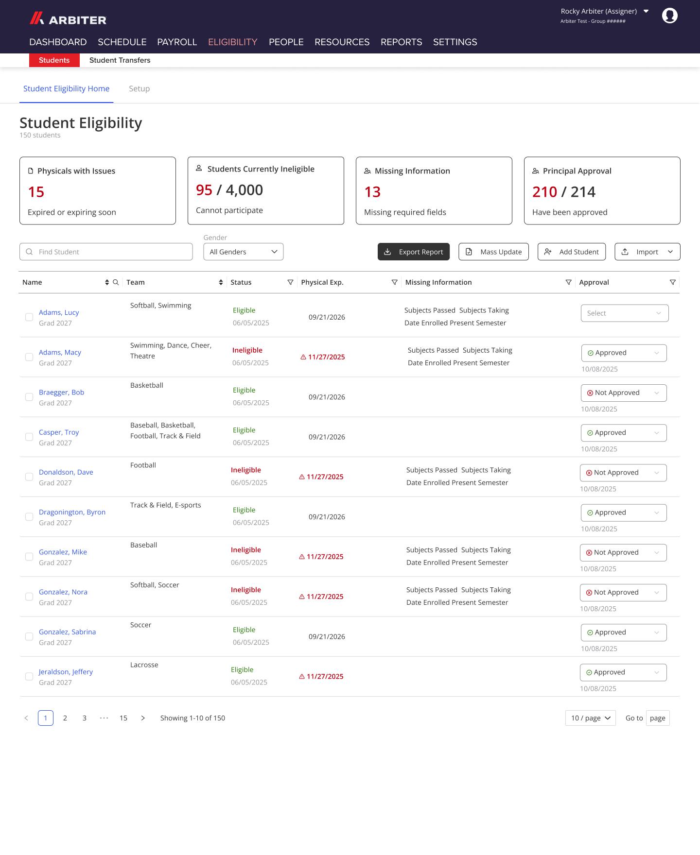 Arbiter360 screenshot: Arbiter360 student eligibility dashboard