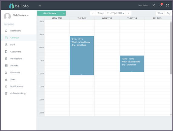Booking calendar that can be viewed by customers and staff members