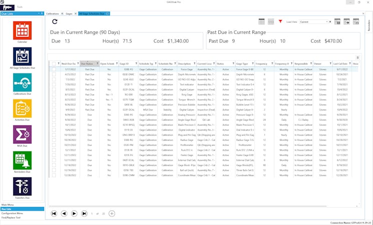 GAGEtrak screenshot: GAGEtrak Pro - All Schedules Due