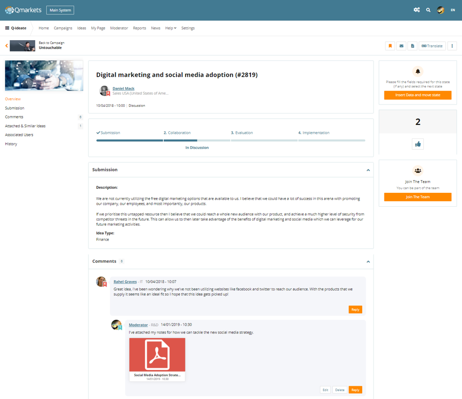 Qmarkets Idea Management Software - Qmarkets' Idea Page