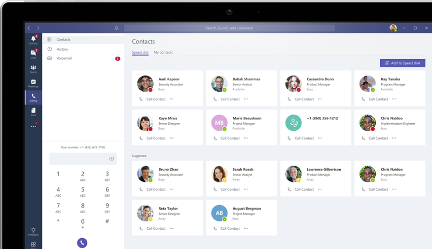 Microsoft Teams Software - Contacts can be managed, and contact availability is indicated